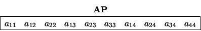 \begin{displaymath}
\begin{array}{c} {\bf AP} \\
\begin{array}{\vert rrrrrrrr...
...} &
a_{24} & a_{34} & a_{44} \\ \hline \end{array} \end{array}\end{displaymath}