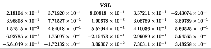 \begin{displaymath}\begin{array}{c} {\bf VSL} \\
\begin{array}{\vert rrrrr\ver...
...\;\:3.48258 \times 10^{-1} \\
\hline \end{array} \end{array} \end{displaymath}