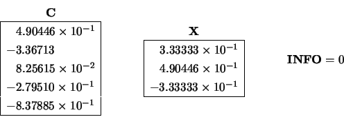 \begin{displaymath}
\begin{array}{c} {\bf C} \\
\begin{array}{\vert l\vert} \...
...ay}\hspace{1.00 cm}
\begin{array}{c} {\bf INFO} = 0 \end{array}\end{displaymath}